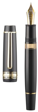 Wikult Yongsheng 630 Acrylic Fountain Pen, Size 8 Medium Nib with Piston Filling System, Piano Black Transparent Ink Tank with Flat Top Shape Design Smooth Writing Pen (Gold Trim)