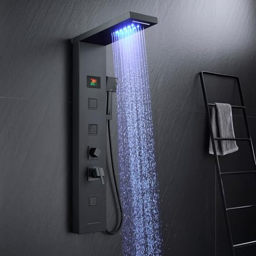 KINKIBOS LED Duschpaneel mit Armatur, 5 Funktionen Duschpaneel mit LED Temperaturanzeige, Regen&Wasserfall Dusche, 3 Massagedüsen, Handbrause und Wanneneinlauf, Duschsäule aus Edelstahl, Mattschwarz