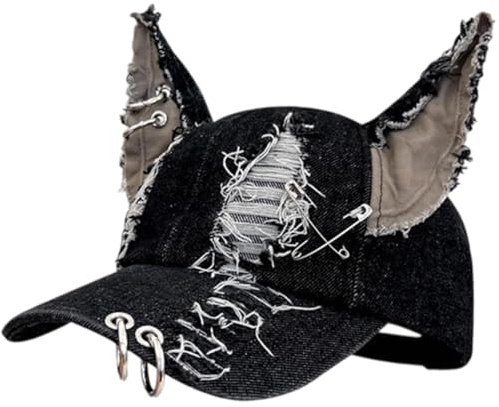 Dianzan Distressed Denim Baseball Cap Y2k Hasenohren Denim Ripped Baseball Cap Graffiti Ohren Hut Unisex Street Trend Hip-hop Beanies Für Den Täglichen Gebrauch