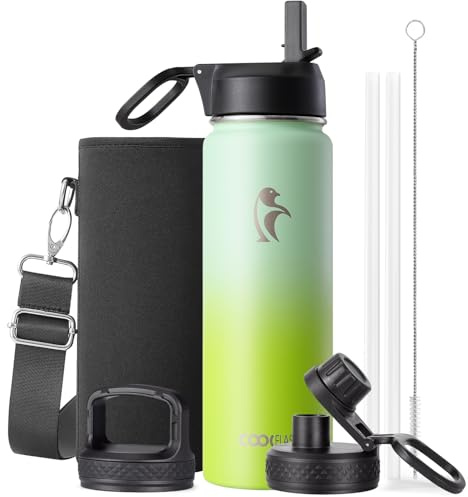Coolflask 710ml Insulated Water Bottle with Straw & 3 Leakproof Lids | Water Flask Stainless Steel Triple-Wall Vacuum, Cupholder Friendly, Cold 48+h, Dishwasher Safe, Non-BPA, for Gym & Hiking