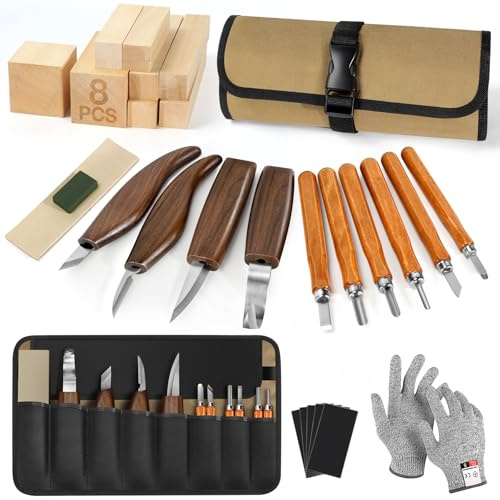 32Pcs Kit Sculpture Bois DIY, Étui Cuir, Couteaux Sculpture & Blocs Tilleul