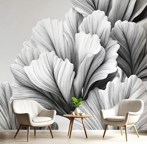 Papier Peint Panoramique En Soie Noir Et Blanc - Feuilles Simples - 350X256Cm - Revêtement Mural Décoration Croquis Dessiné À La Main Décoration Tapisserie Wallpaper Muraux Photo Salon Chambre