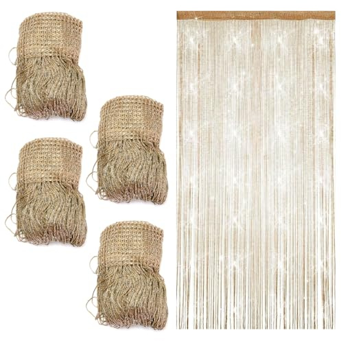 MIUUIPI 4 Stück Fadenvorhang Türvorhang, 100 x 200cm Glitzer Vorhang, Fliegenvorhang Balkontür, Fadengardine Fadenvorhang, Dekorativer Perlenvorhang für Hochzeit, Party Dekoration (Champagner)