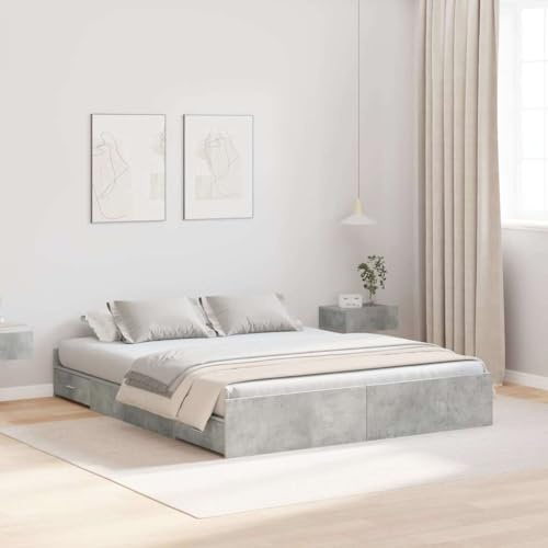 Cadre de Lit Rangement Gris Béton 160x200 cm avec 4 Tiroirs, Bois d'Ingénierie Durable, Support Matelas King Size pour Chambre Moderne