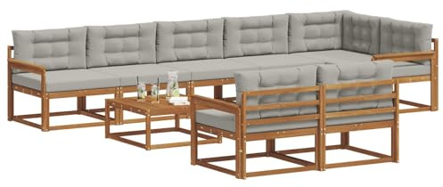 vidaXL Outdoor-Sofagarnitur mit Kissen 9 pcs Natürlich und Hellgrau, Outdoor-Sitzmöglichkeiten, Garten-Lounge-Sofaset, Langlebige Terrassen-Sektional, Modernes Gartenmöbel