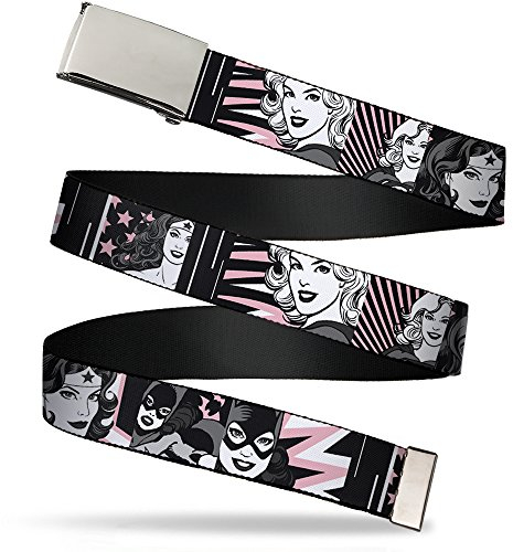 Buckle-Down 4075 Accessories Mens Web Belt Justice League Girls 1.5 Gürtel, Batgirl/Wonder Woman/Supergirl Retro Panels Black/Pink/White