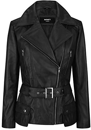 Ladies Women Brown Real Leather Smart Style Belted Fitted Jacket - black L