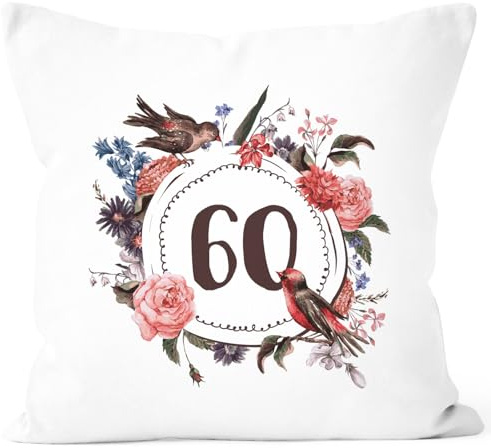 MoonWorks Kissen-Bezug Geburtstag 60 Geschenk-Kissen Blumen Blüten Blumenkranz Bordüre Kissen Weiss Unisize