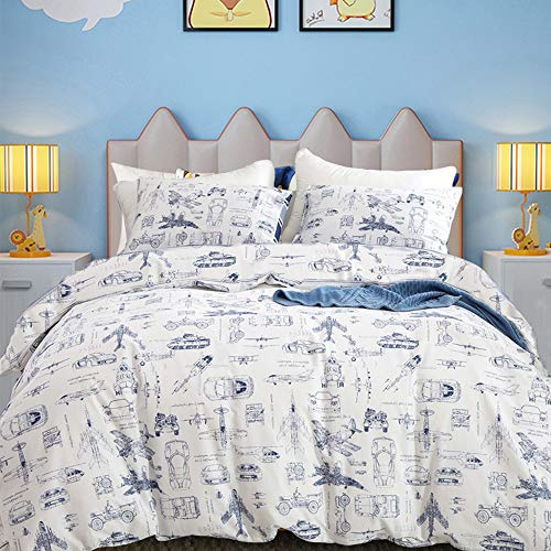 CLOTHKNOW Kids Twin Duvet Cover Set 3Pcs Traffic Cartoon Bedding Duvet Covers Sets Cars Aircraft Tank Vehicles Duvet Cover with 2 x Pillow Cases