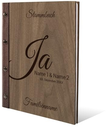 Stammbuch Nussbaum Holz Gravur individuell Holzcover mit Echtleder Rücken und Extras Stammbuchformat hoch 175 x 220 mm - Ja