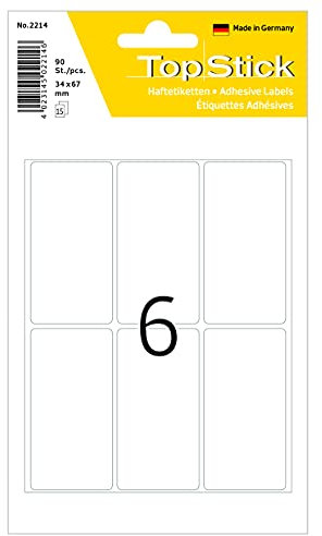 TopStick 2214 Vielzweck-Etiketten, 90 Stück, 34 x 67 mm, 6 pro Bogen, selbstklebend, Haushaltsetiketten zum Beschriften, matt, blanko Papier Klebeetiketten Aufkleber, weiß