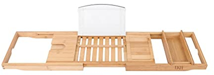LKH Expandable Bamboo Bath Tray Caddy - Bathtub Rack with Wine Glass Holder, Mobile, Tablet & Book Stand - Retractable & Foldable Bathtub Organizer Fits Most Tubs