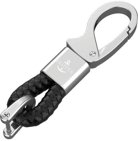 Skipper D-Clip Karabiner Schlüsselanhänger aus Leder Imitat Geschenk für Frau Mann Freund Schlüsselbund Auto Boot Silber 8860