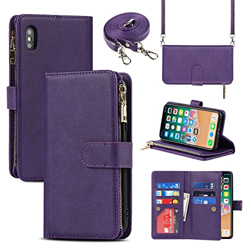 Cavor Crossbody iPhone XS Max Case With Card Holder With Strap,Flip Leather Wallet Case,[9 Card Holder] Zipper Detachable Lanyard Phone Case Cover for Women for iPhone XS Max - Purple