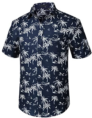 Enlision Funky Hawaiian Shirt for Men Casual Short Sleeve Beach Palm Tree Print Summer Aloha Hawaii Shirt Button Down Navy Blue Shirt for Holiday Unisex 2XL