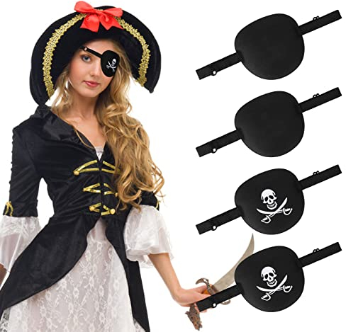 Aomig Patch d'oeil, 4Pcs Patch D'oeil Strabisme Ajustable Cache-Oeil, Cache-Oeil pour Enfant Adulte Amblyopie Strabisme, Masque pour Les Yeux de Pirate pour Halloween Noël Pirate Fête Cosplay