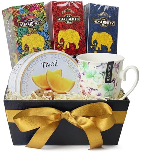 Tee Geschenkset besteht aus 5 verschiedenen Produkten, 3 Sorten Tee, Kekse mit Orangengeschmack und Teetasse, Frau, Mann