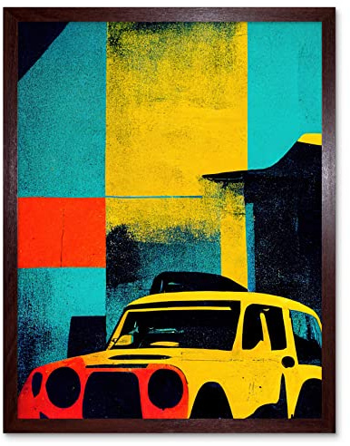 Wee Blue Coo Andy Warhol Inspired Modern Abstract Car Taxi Yellow Orange Teal Black Artwork Framed Wall Art Print 9X7 Inch