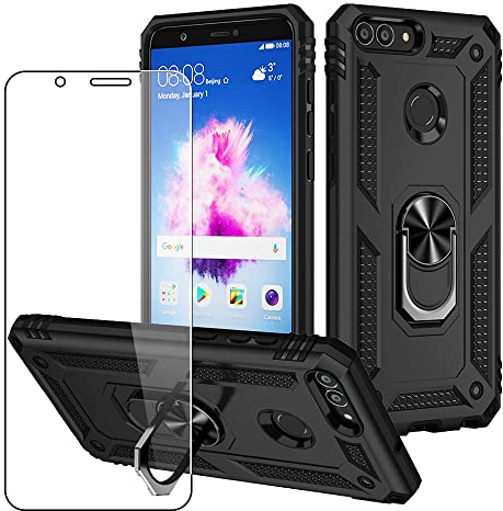 SDTEK Hülle Kompatibel mit Huawei P Smart (2017/2018), Starke Robuste Hybrid-Telefonabdeckung Integriertem Magnetringhalter Glas-Displayschutzfolie 360 (Schwarz)
