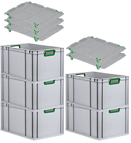 PROREGAL SuperSparSet 5x Eurobox NextGen Color mit Auflagedeckel & Schiebeschnappverschlüsse, HxBxT 32x40x60cm, 65L, Griffe grün offen, Verstärkter Boden, Eurobehälter Transportbox Transportbehälter