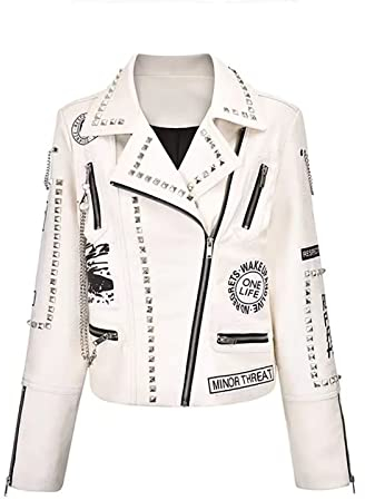LOEBKE Damen Kunstlederjacke Nieten Nieten Trendy Kurz Punk Rock Jacke, Weiss/opulenter Garten, Small