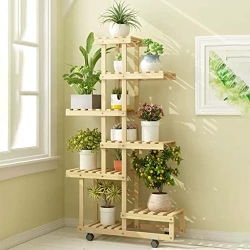 GIZNXBA 6 Tiered Blumenständer Fensterbank Blumenregal Holz Pflanzenregal Blumentreppe Pflanzentreppe Blumenbank Wohnzimmer Für Balkon Garten Terrasse (Color : /Natural)