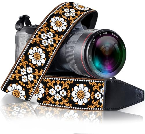 Art Tribute Brown White Flowers Camera Strap Retro Vinatge Strap, Floral Vegan Leather Camera Strap. Best Gift for Men & Women Photographers