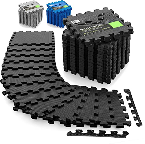 Tappeto Palestra, Tappeto Puzzle, Tappeto Gomma Antiscivolo, set x 18, Tappetino Fitness, Home Gym, Tatami Palestra, Tappeti, Pavimento Gommato Palestra, Tappetino Ginnastica (NERO)