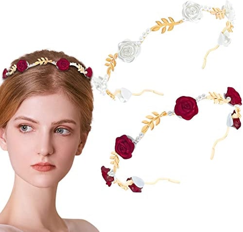 2 Pcs Rose Flower Pearl Headband Metal Gold Floral Hairband Pearl Hair Band Wedding Headpiece Hair Jewelry for Women