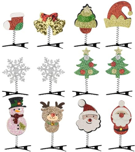 Bluelves 12 Stück Haarspangen Weihnachten,Glitter Weihnachts Haarclips Haarnadeln,Weihnachtsmann Schneemann Schneeflocken Weihnachtsmann-Mütze Haarschmuck für Kinder Mädchen Weihnachten Party