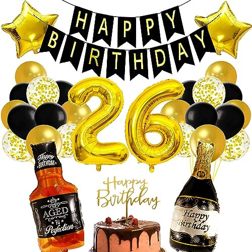 Conruich Birthday Decoration 26 Years Man Woman, Balloon 26th Birthday Decoration Man, Foil Balloon Number 26 Gold, Helium Balloon Whiskey Beer Glass for 26th Birthday Man Party Decoration