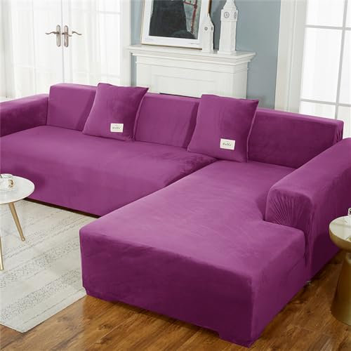 Lukery Stretch Sofabezug rutschfest Sofaüberwürfe mit Armlehnen, Samt Universal Wohnzimmer All-Inclusive Ecksofa L Form Sofa/Sesselbezug für Hotel Schlafzimmer Zuhause (Lila,3 Sitzer)