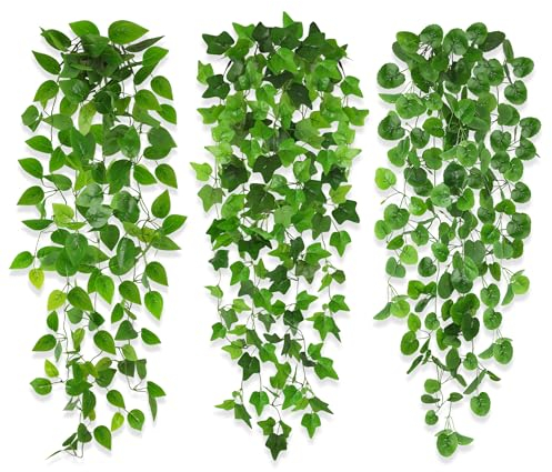 Rollway 3 piante artificiali sospese, 100 cm, piante artificiali da appendere, edera, artificiali, come piante in plastica, piante verdi, piante da balcone, per esterni, giardino, balcone