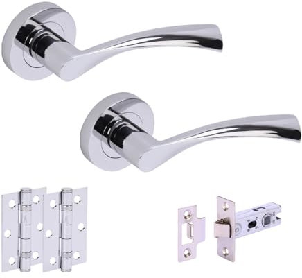 HANDLEZONE® Lobo Internal Door Handle Latch Pack, Complete with Lever On Rose Handles, 65mm Latch, 75mm Ball Bearing Hinges - Polished Chrome