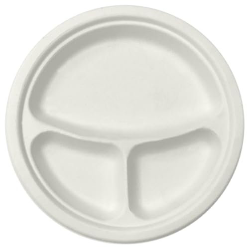 Bella Vita Lot de 25 assiettes compostables à 3 compartiments en bagasse Blanc 23 cm