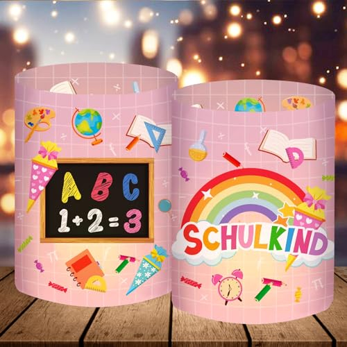 12 Windlicht Tischdeko Einschulung Mädchen, Schulanfang Deko Rosa, Schulkind 2024 Party Tisch Deko Set, Einschulungsdeko Mädchen mit Zuckertüte und ABC, 1. Schultag, Geeignet für Teelichter