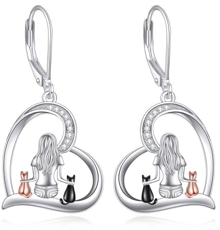 YFN Cat Earrings Sterling Silver Cat Dangle Drop Leverback Earrings Jewelry Cat Gifts for Women Girls (Silver-Cat Earrings)