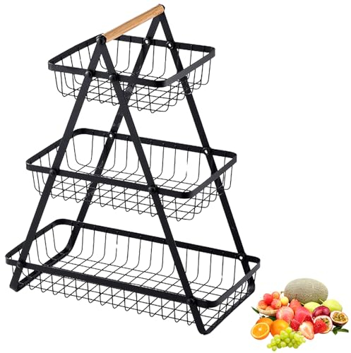 YNNHUDEEP Corbeille a Fruits 3 Etages - Corbeille Fruit avec Manche en Bois, 3 Niveaux Support de Corbeille à Fruits pour Fruits, Pain, Oignons, Légumes et Collations à la Maison, Cuisine, Bureau