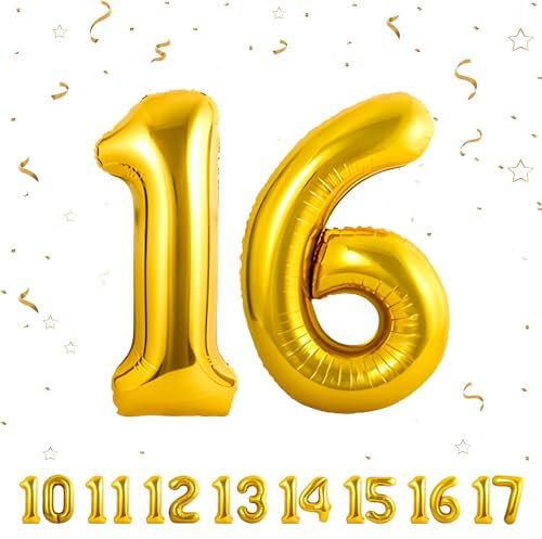 Ballons Anniversaire 16 Or - 100cm - Ballon Chiffre 16 Numéro 16 - Happy Birthday Decoration Ballons Fête d'anniversaire Ans Vole Grâce à l'Hèlium 16