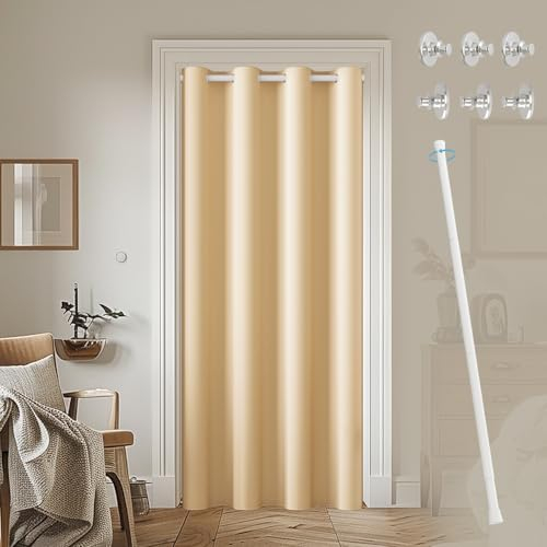 JCyh Türvorhang mit Vorhangstange und Magnetknopf,1 Stück Gardinen verdunkelnd Beige H 200 x B 132 cm, Vorhang Tür für Schrank/Raumteiler/Umkleidekabine, Stange Weiß 70-125 cm