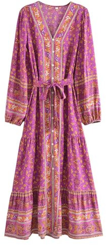 Boho Maxi Dress Long Sleeve Casual Summer Dresses for Women Floral Flare Buttons Tie Waist Hippie Bohemian (UK, Alpha, L, Regular, Regular, Purple Multi)