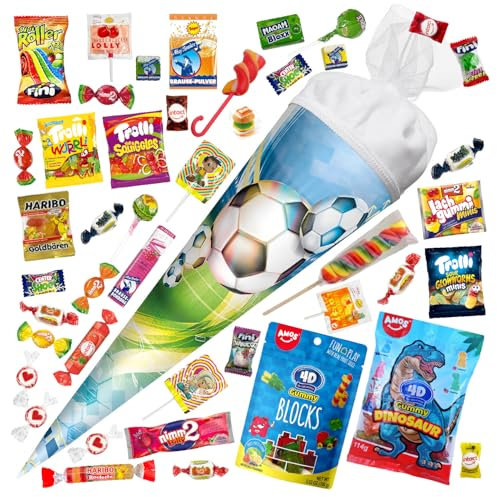 OYOY 50cm Schultüte gefüllt mit Süßigkeiten Mix I ROTH Schultüte Fußball I Einschulung Geschenk I Schultüte fertig gefüllt I Schultüte mittel