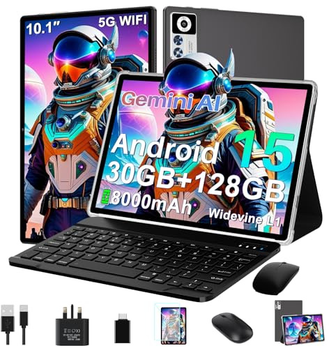 ZIOVO Tablet 10 Inch Android 15 Tablets, 30GB RAM+128GB ROM (TF 2TB), 5G WiFi Tablets,Gemini AI/Widevine L1/8000 mAh/Octa-Core 2.0 GHz/BT5.0/GPS/Face ID/2-in-1 Tablet with Keyboard and Mouse - Black