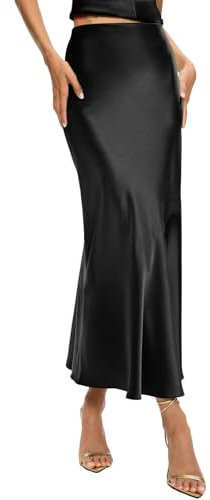 TZLDN Satin Rock Damen Lang Hohe Taille Skirt Elegant Seide Midirock Herbst Winter Midi Business Rock mit Reißverschluss Trachtenrock Schwarz S