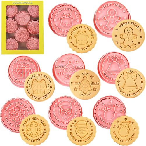 Mainiusi Ausstechformen Weihnachten 8 Stück, Runden Keksausstecher Weihnachten 3D Ausstecher Weihnachten Keksstempel Plätzchenausstecher Stempel Weihnachten Backen Zubehör für Kekse Schokolade Fondant
