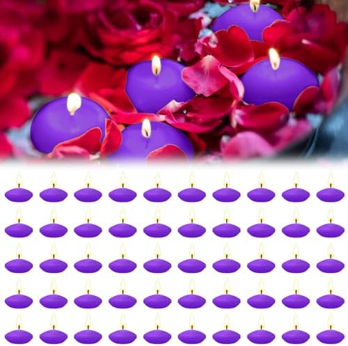 bechoanigel 50 Stücke Schwimmkerzen, Unparfümierte Tropffreies Schwimmende Kerzen, Floating Candles, Wasserkerzen Geeignet für Schwimmkerzenhalter, Schwimmdeko, Hochzeiten - Lila
