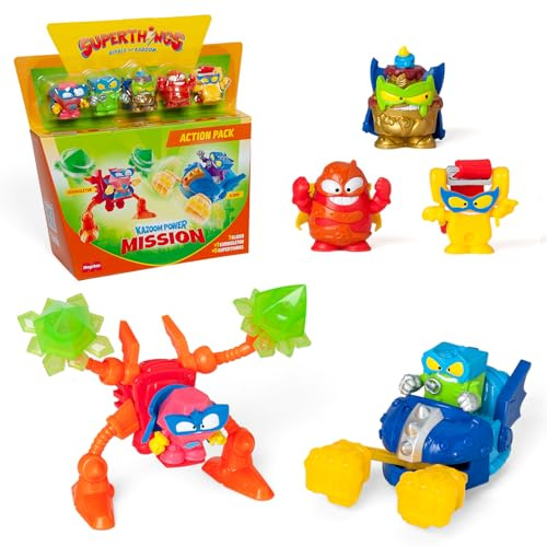 Superthings KAZOOM Power Mission – Action-Pack enthält 5 SuperThings (inklusive 1 Goldener Superführer), 1 Exoskeleton, 1 Slider, 2 x 4 Stück