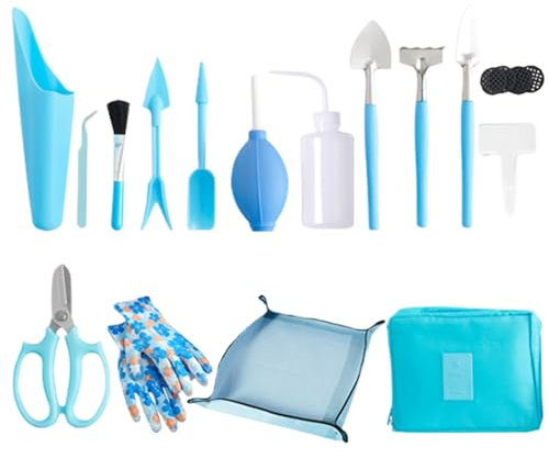 Huraoerrrr Kit de Herramientas suculentas 16 Piezas/Set Mini ergonómico Herramientas de Bonsai Kit de Bonsai de trasplante de Rejillas de jardinería para el Cuidado de la Planta, Azul