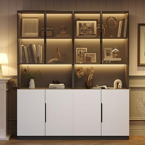 Vetrina moderna minimalista con ante in vetro, luci a LED, libreria per oggetti da collezione, temperatura colore regolabile, porte bianche con decorazione nera (bianco tipo