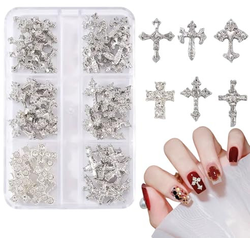 Cross Nail Charms,60Pcs Rhinestones Cross Nail Gems,Gold/Silver Metal Alloy Nail Art Cross for Manicure Decorations Supplies DIY Crafts (Silver)